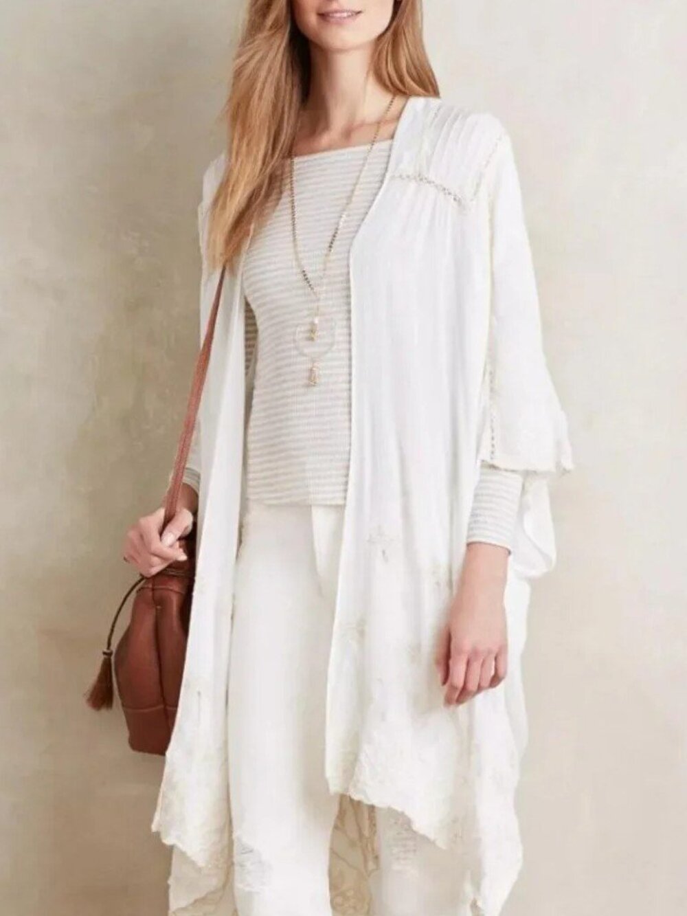 Anthropologie Elevenses Boho Embroidered Vivonne Kimono Cardigan Cream Free Size